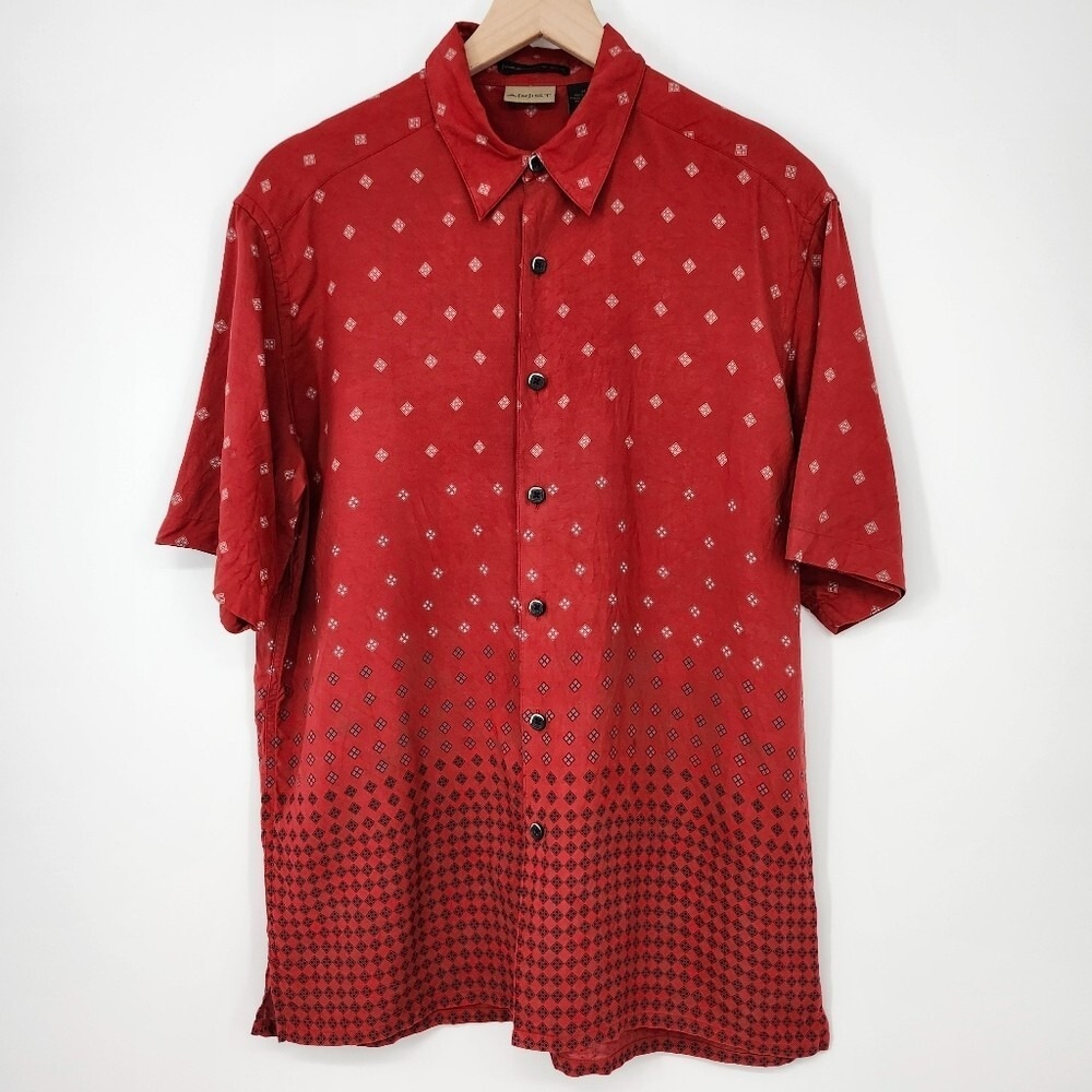 A{X}IST Red Black Washable Silk Camp Shirt Mens Medium Resort‎ Luxury Summer